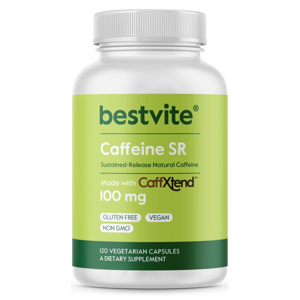 BESTVITE Caffeine 100mg SR (120 Vegetarian Capsules) - Sustained Release - Vegan - Non GMO - Gluten Free - Natural Caffeine Pills