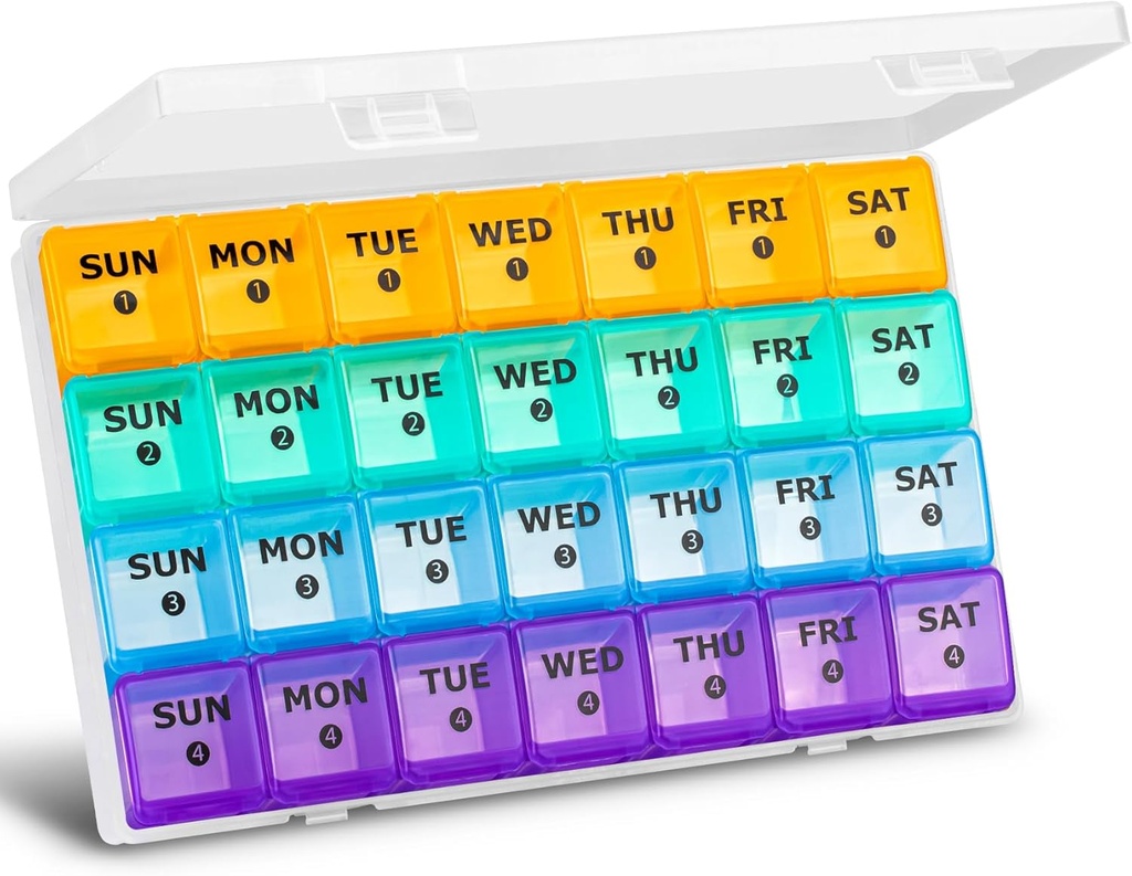 XL Duży miesięczny Pill Organizator 4 Tygodnie, 28 Dzień Pill Organizator Tygodnia, Duży komplet z podróży Case, 7 dzień Pill Dispenser 4 razy dziennie, Medicine Organizer Box dla witaminy, Olej rybny