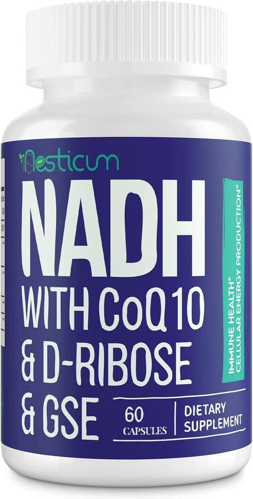 NADH 50mg + CoQ10 200mg + D- Ribose 150mg Suplement, Wzmacnianie NAD + Suplementy dla układu immunologicznego, Energia komórkowa, Focus, Zmniejszone Nikotynamid Dinukleotyd adenyotyd, 60 Kapsułki wegetariańskie