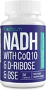 NADH 50mg + CoQ10 200mg + D- Ribose 150mg Suplement, Wzmacnianie NAD + Suplementy dla układu immunologicznego, Energia komórkowa, Focus, Zmniejszone Nikotynamid Dinukleotyd adenyotyd, 60 Kapsułki wegetariańskie