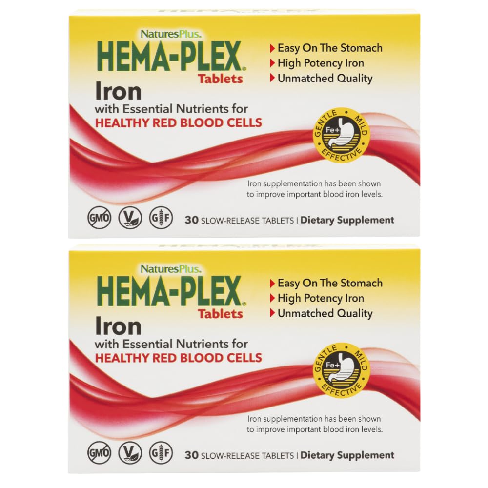 NaturesPlus Hema- Plex Żelazo - 30 Tabletki uwalniające śliny, Opakowanie 2 - Total Blood Health - 85 mg Żelazo chelatowane - z witaminą C & Bioflavonoids - Nie GMO, Wegetarianin & Gluten Free - 60 Sługi ogółem
