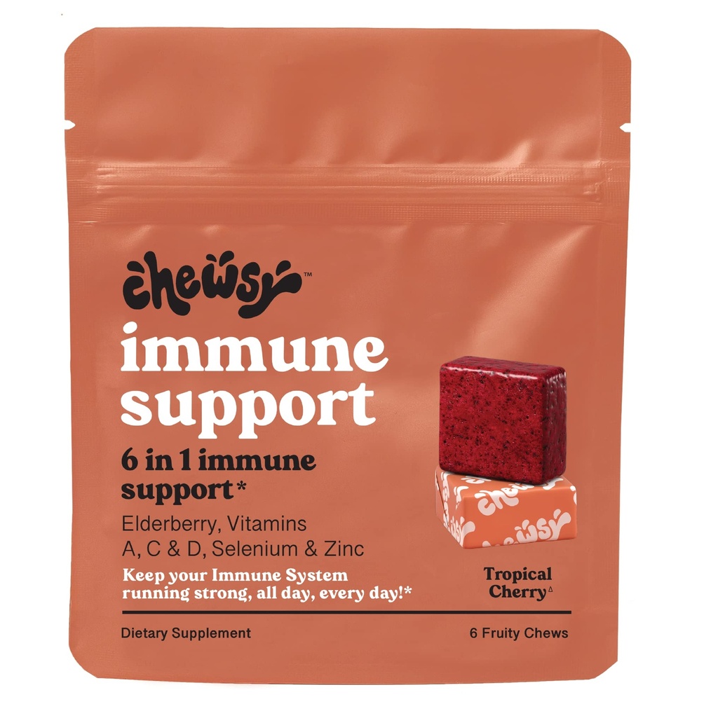 Chewsy - 6- in-1 Immune Support Fruity Chews with Elderberry - Witamina C, A i D, Cynk i Selen - Indywidualnie zapakowane - 6- Day Supply