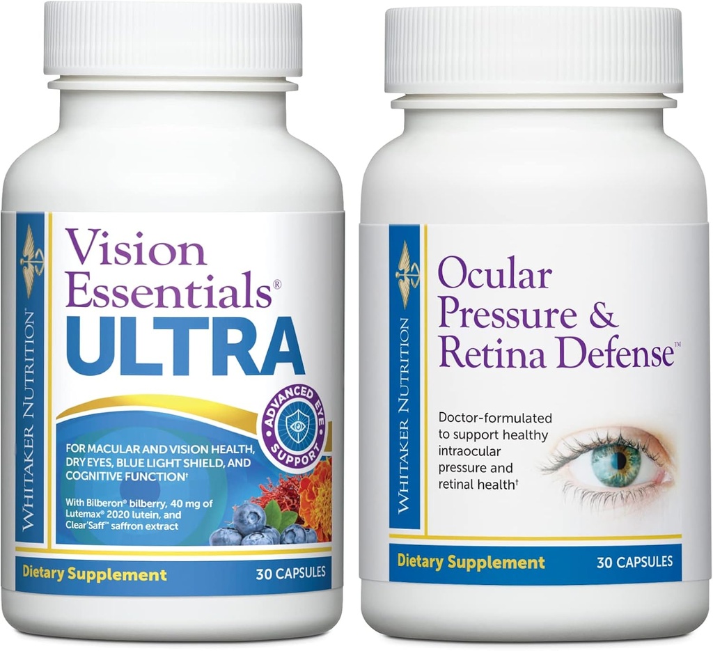 Premium Eye Health Bundle obejmuje Vision Essentials ULTRA dla zdrowia plamki żółtej i siatkówki, rozwarcie oczu, ciśnienie oka, suchość oczu i ciśnienie oka i siatkówki Obrona dla dodatkowego zdrowia wewnątrz oka