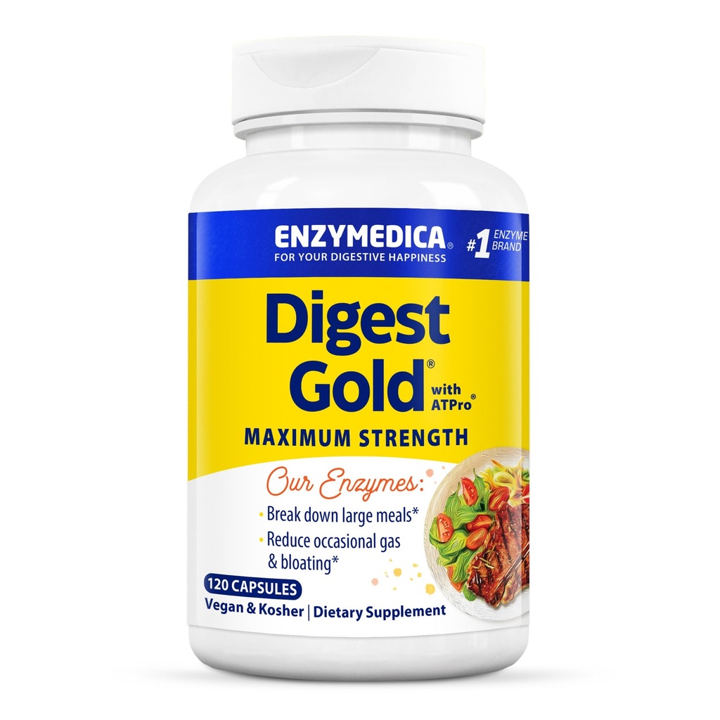 Enzymedica Digest Gold + ATPro, Formuła enzymu o maksymalnej mocy, Zapobiega wzdęciu i gazie, 14 Kluczowe enzymy Włączając amylazę, proteazę, lipazę i laktazę, 120 Kapsułki