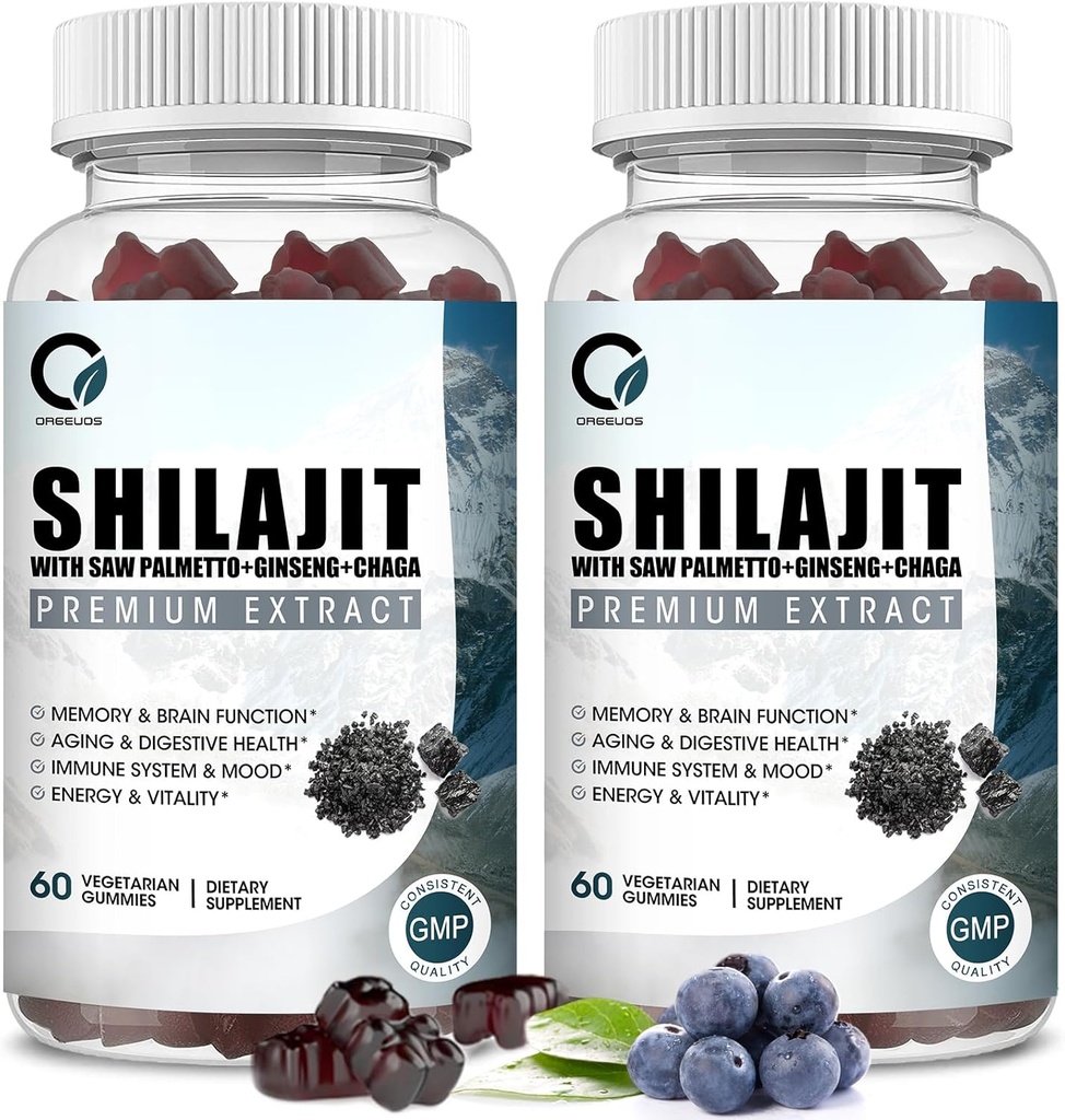 Himalayan Shilajit Gummies z 85 + Ślady minerałów i kwasu Fulvic dla energii, immunologiczne, Cognitive Support High Potency Pure Natural Shilajit Suplement dla mężczyzn i kobiet 60 Gummies (2 opakowania)