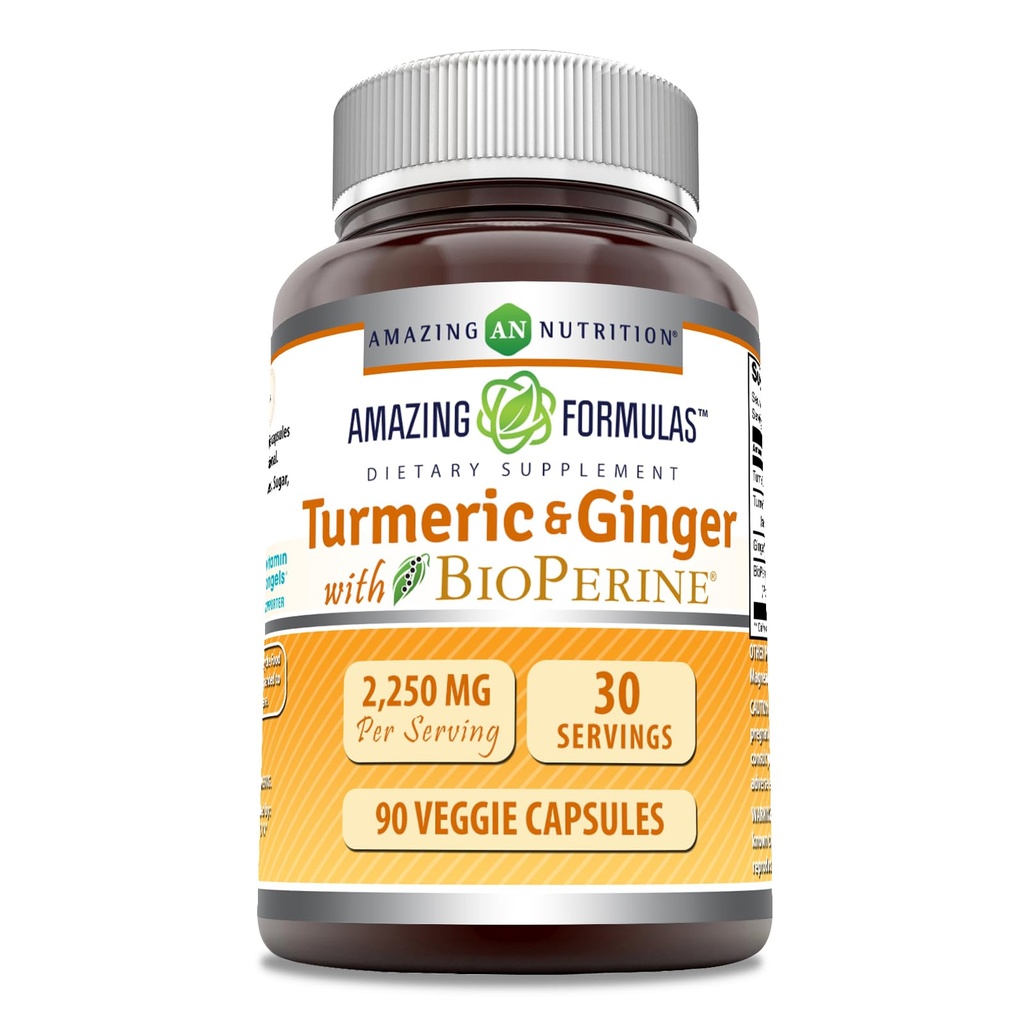 Amazing Formulas Kurkumina Turmerowa & Ginger z suplementem BioPerine 124; 2250 Mg Support 124; 90 Kapsułki wegetariańskie 124; Non-GMO Support 124; Gluten Free Support 124; Made in USA