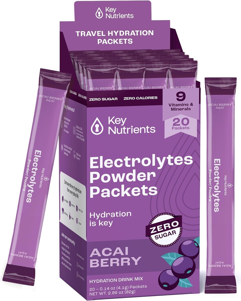 KEY NUTRIENTS Multivitamin Electrolytes Powder Packets - Delicious Acai Berry 20 Pack Hydration Packets - Travel Hydration Powder - No Sugar, No Calories, Gluten Free - Made in USA