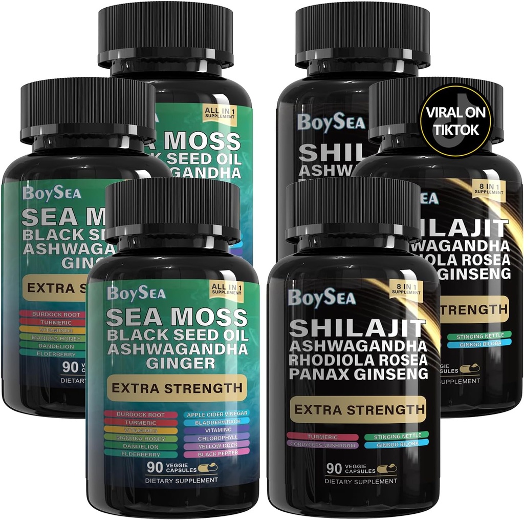 Boysea. Shilajit and Sea Moss Bundle- 90 Count - Sea Moss, Black Seed Oil, Ashwagandha, Ginger & Shilajit, Rhodiola Rosea, All in 1 Supplements (3 Pc)