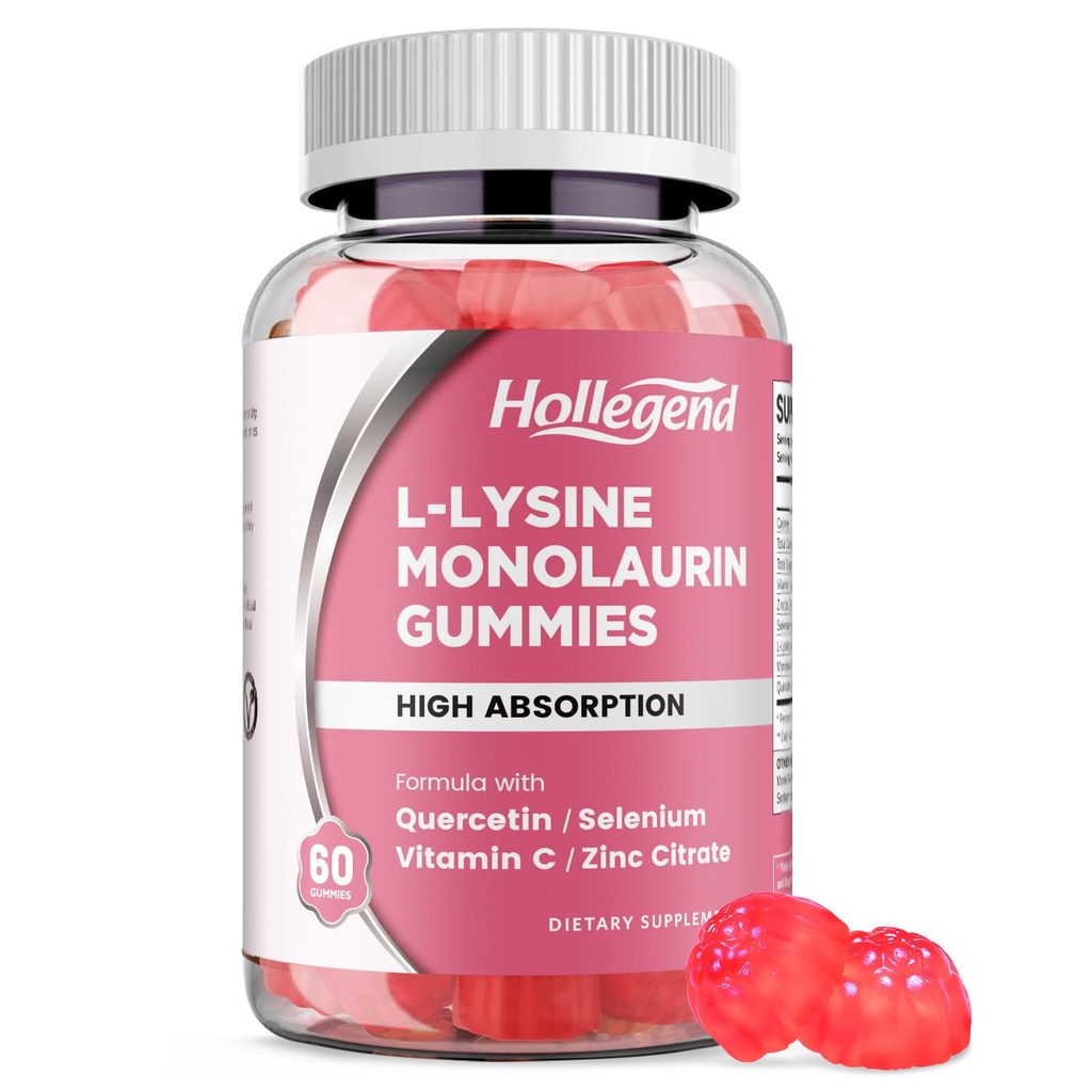 L-Lysine Monolaurin Gummies, Monolaurin and Lysine 1000mg Supplement for Adults & Kids, with Vitamin C, Zinc, Selenium & Quercetin, Immune & Overall support, Oral & Lip Health, Peach Flavor, 60 Ct