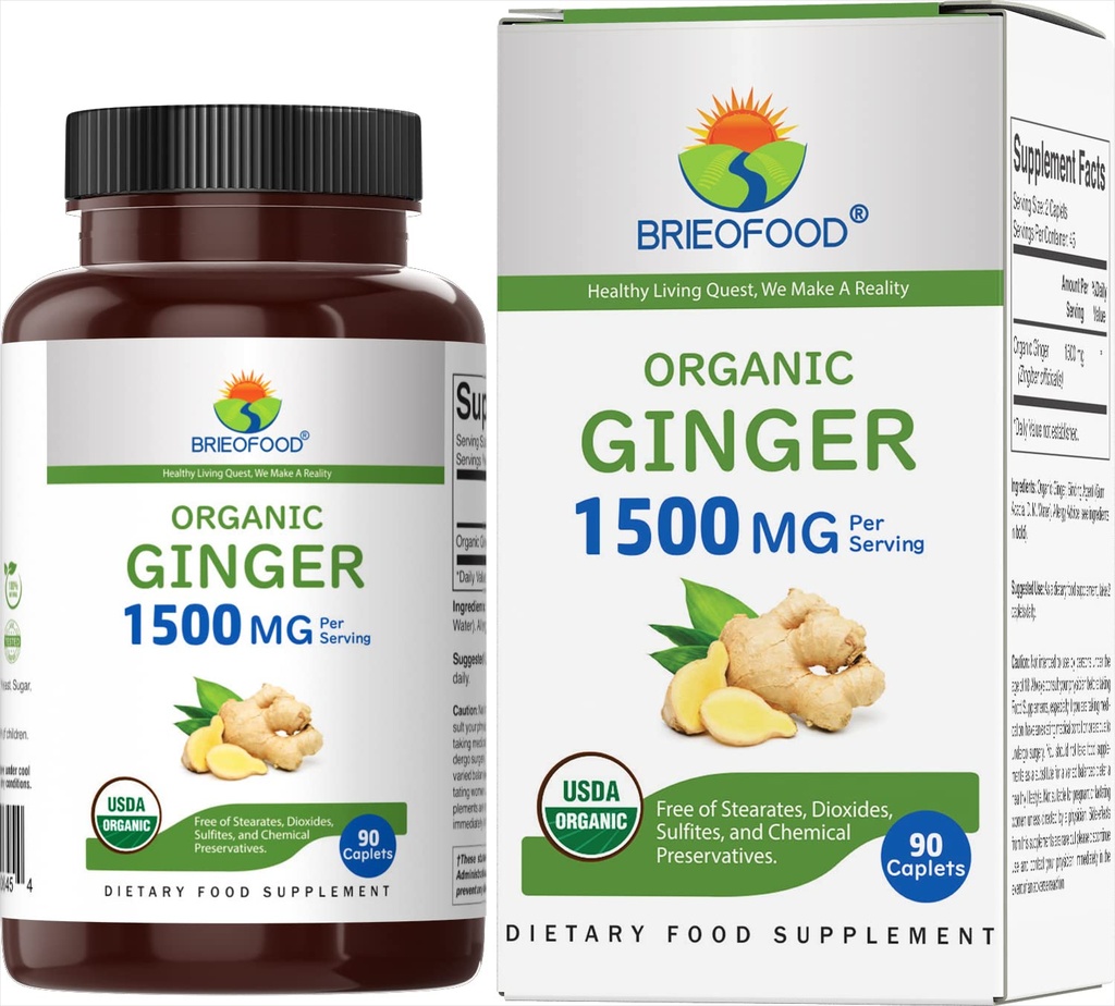 Brieofood Organic Ginger 1500mg, 45 Służenia, Wegetarianin, Gluten Free, 90 Tabletki wegetariańskie
