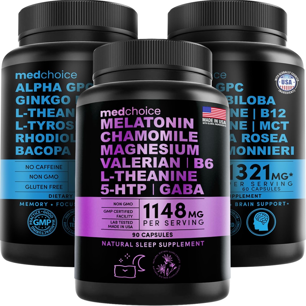 MEDCHOICE Melatonina senna (90ct) i mózg nootropowy (120ct) Suplement Bundle - Wellness Duo for Sleep, Mózg, Focus, & Mood Support - Wegan, Non-GMO, Gluten- Free