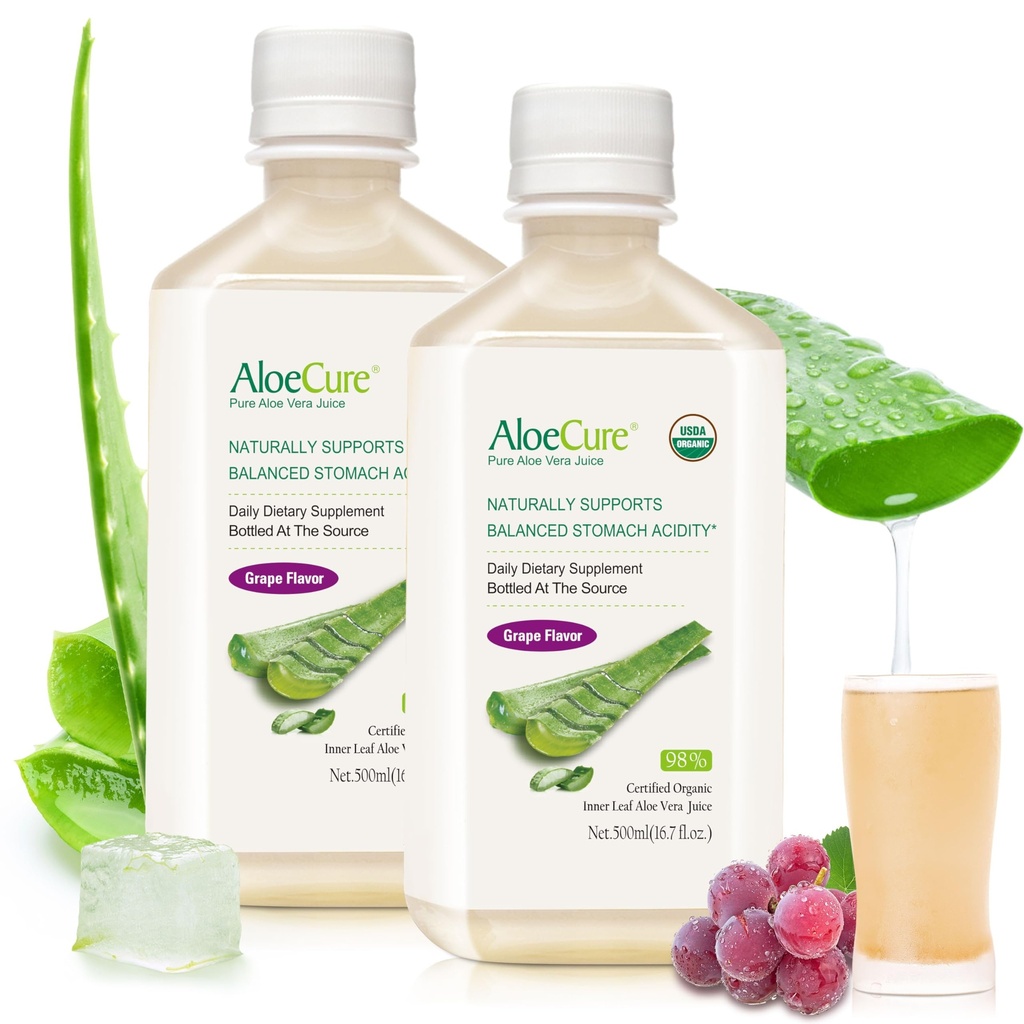 AloeCure USDA Organic Aloe Vera Sok Grape Flavor, Made In 12 Hours of Harvest - Pure Aloe Vera Digestive & Immune Health Supplement, Pomaga utrzymać zrównoważoną kwasowość żołądkową, 16.7oz x 2 Btls