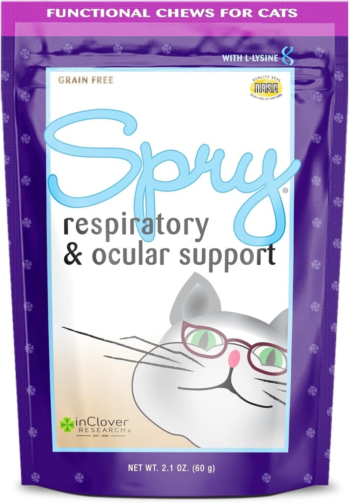 W Clover Spry Codzienne oddechowe i Ocular Support Soft Chews for Cats, z L- Lysine, Superfoods i Prebiotyki dla silnego systemu immunologicznego, 2.1 oz. (60 liczyć)
