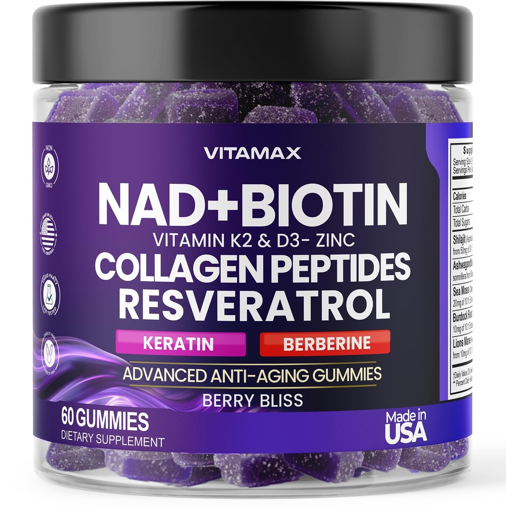 NAD +, Resveratrol, Berberine, & Biotin Anti-Aging Gummy - Włosy, Skóra, Nails & Joint Supplement - Kolagen Peptides, Keratin, Cynk, Witamina K2 & D3 Gummei -Regeneracja- Non-GMO - Made in USA 60 Count