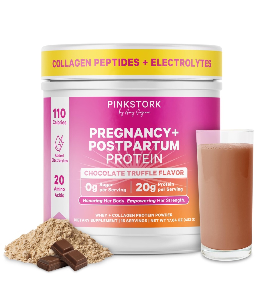 Pink Bocian Ciąża i Postpartum Proszek białkowy dla kobiet, 20g Serwatka i Kolagen, Prenatal & Karmienie piersią Białko wstrząsnąć mieszanka dla energii, Odzysk & Nawodnienie, Czekolada, 15 Służenie