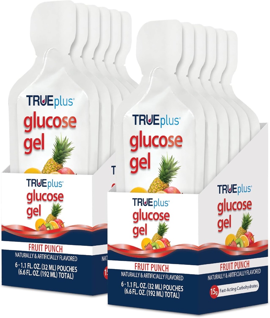 TruEplus Glukoza żel Pouch, Fruit Punch Flavor, 15 g Szybkodziałające węglowodany, bez tłuszczu, Gluten Free, Szybkie wsparcie dla niskiego cukru i energii krwi, 12 Pack