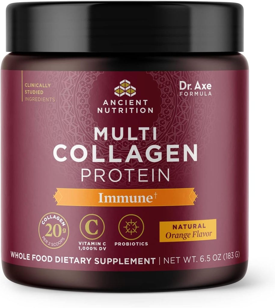 Ancient Nutrition Collagen Powder Protein z witaminą C, Multi Colagen Protein immunologiczna, Pomarańczowy, Wspiera system immunologiczny, Zdrowe włosy, Skóra i paznokcie, 15 Słupki