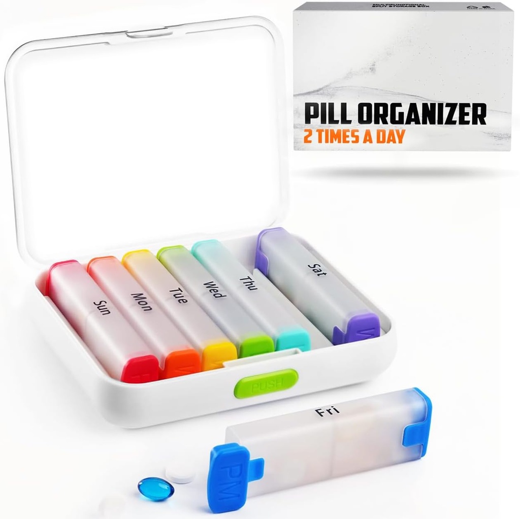 BEXEEN Cotygodniowy Pill Organizator 2 razy dziennie - Pill Box 7 Day Am Pm - Travel Medicine Organizator dwa razy dziennie Witamina Holder Przenośny Suplement Case Morning Night Med Dispenser Oddzielny pojemnik