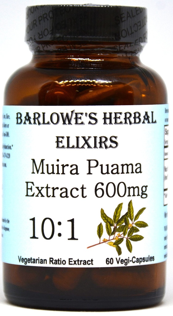 Barlowe Herbal Elixirs Muira Puama 10: 1 Extract Description 124; 600mg Per Capsule Description 124; Tradycyjny męski suplement witalności Description 124; 60 Vegan Capsules Description 124; Stearate- Free, Non-GMO, Packaged in Glass Bottle