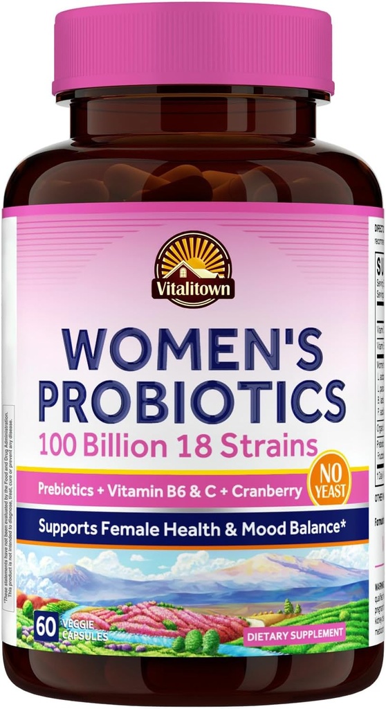 Vitalitown Women 's Probiotics Bilans 124; 100 Billion CFU 18 Strains Bilans 124; Prebiotyka, VC & B6, Żurawina 124; Półka Stabilna 124; Waginalny, Urynalny, Digestive & Mood Support 124; 60 Wegańskie Czapki