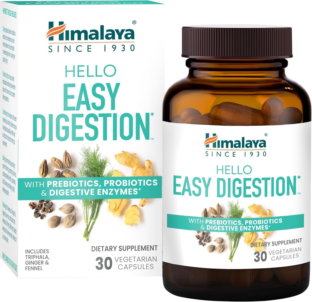 Himalaya Hello Easy Trawienie, Digestive Enzymes z 2 Miliard CFU Probiotyki i Prebiotyki, Plus 100 mg Herbal Digestive Support z Ginger, Fennel & Triphala, 30 Kapsułki wegetariańskie