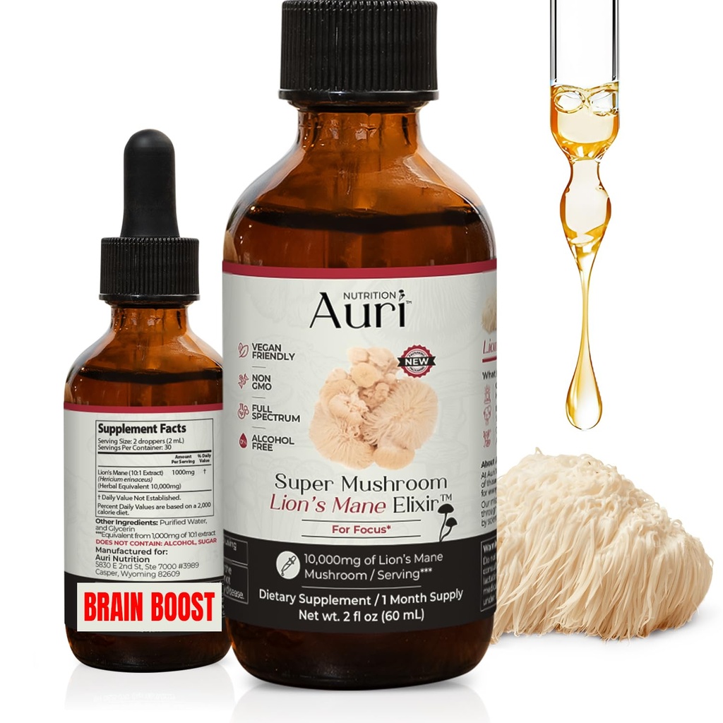 Auri Lion 's Mane Liquid Elixir - Suplementy Mózgu do Pamięci i Skupiania z Funkcjonalnymi Grzybami - Suplement Lwów Mane - Full Spectrum Lion' s Mane Extract - No GMO, Vegan Mushroom Tincture