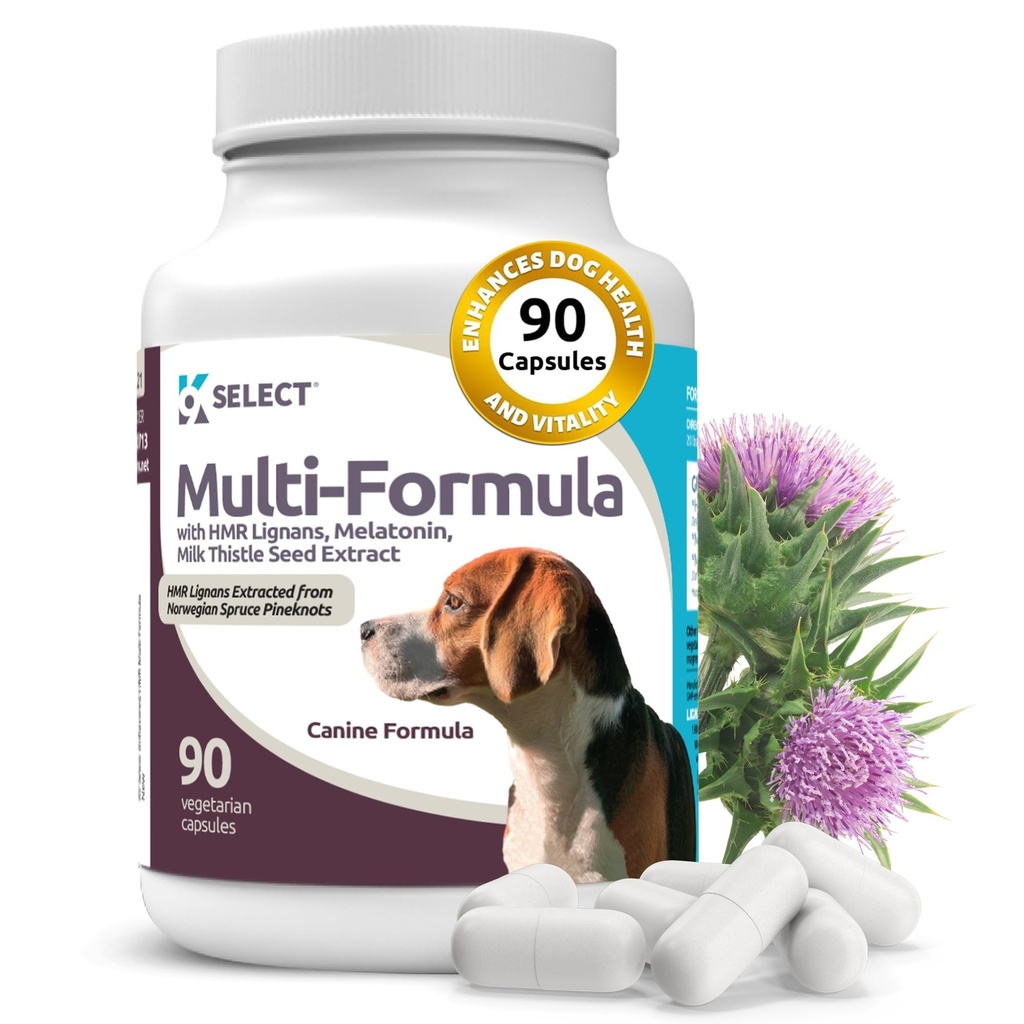 K9 Select Multi- Formula Dog Witaminy dla średnich psów - 20 mg HMR Lignans, 2 mg Melatonina, 40 mg Mleko Tistle - Pomaga serce, Wątroba, trawienie i Coat Zdrowie, Pies Multivitamin, 90 Kapsułki