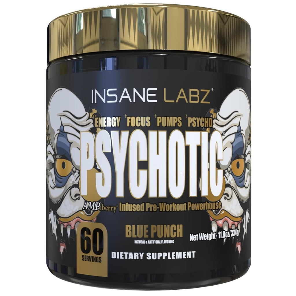 Szalony Labz Psychotic Gold, Wysokie pobudzające pre Workout Powder, Extreme Lasting Energy Focus, Pompy i Endurance z Beta Alanine, DMAE Bitartrate, NO Booster (60 Służenie, Blue Punch)