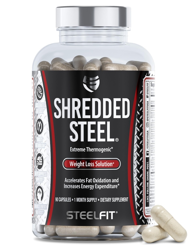SteelFit Shredded Steel - Extreme Weight Loss Supplement - Thermogenic - Fat Loss - Energy - Boost Metabolism - Appetite Suppressant - Yohimbine - Teacrine - Paradoxine - 90 Count, 1 Month Supply