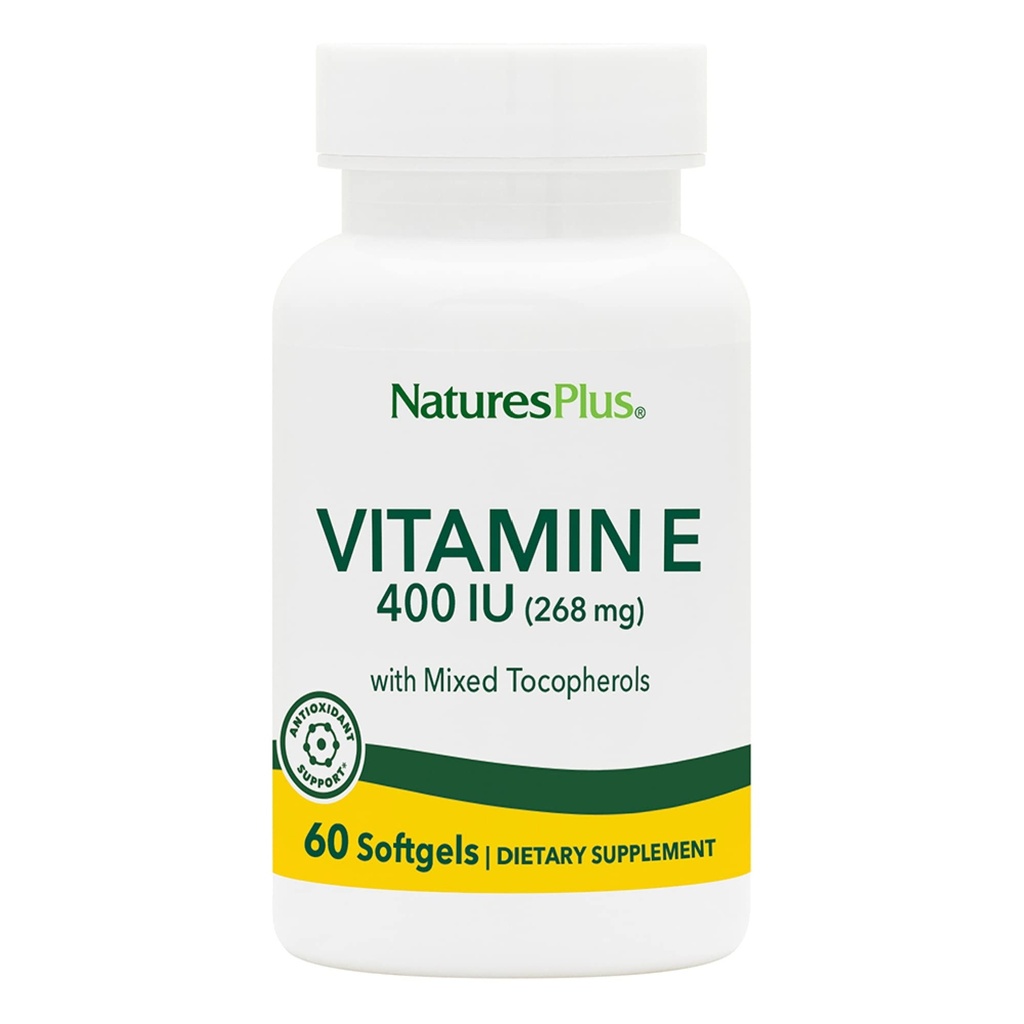 NaturesPlus Witamina E - 400 iu Mieszany D- Tokoferol, 60 Softgels - Łatwy do połknięcia witaminy E Suplement, derived from Natural Soybean Oil - Free- Radical Defense - Gluten- Free - 60 Servings