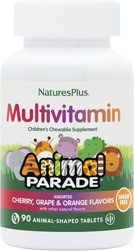 Nature Plus Animal Parade Sugar-Free Multivitamin dla dzieci - Różne wiśniowe, winogronowe i pomarańczowe aromaty - 90 Tabletki do rozgryzania i żucia - 45 Słupki ogółem