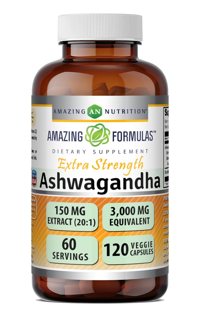 Ekstrakt Extract Supplement Astwagandha 124; 150 Mg Extract (20: 1) 124; odpowiednik 3000 Mg Supples 124; Veggie Capsules Supples 124; Non-GMO Supplement 124; Gluten- Free Supplement 124; Wyprodukowany w USA (1 Pack Supples 124; 120 Count)