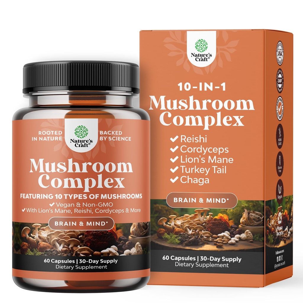 Zaawansowany Mushroom Complex Kapsułki - 10X Lions Mane Supplement Kapsułki z Reishi, Chaga, Maitake & Shiitake dla Wspomagania i Skupiania Mózgu Zdrowia - Nootropowe dla Klarowności Mental - 60 Czapki