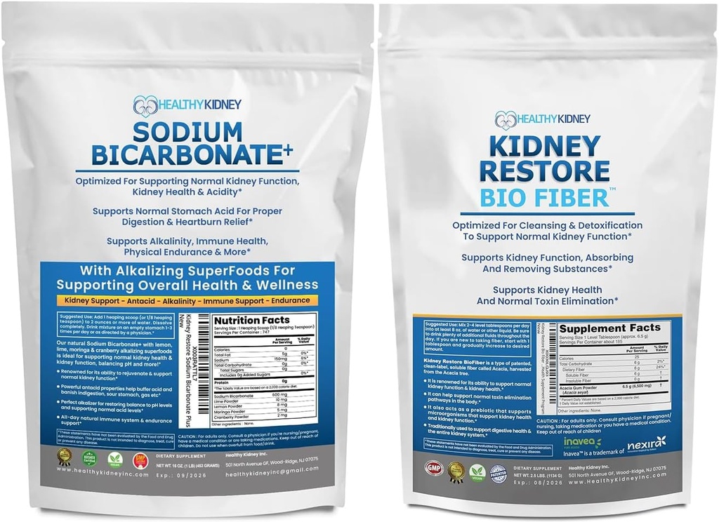 Organiczny dwuwęglan sodu Suplement alkaliczny 1.5LB & Bio Fiber Nerki Cleanse Detox 2.5 LBS Bundle - Wspiera Nerki Zdrowie, Neutralizator kwasu żołądkowego, Alkaline Superfoods, Wsparcie immunologiczne, Detox