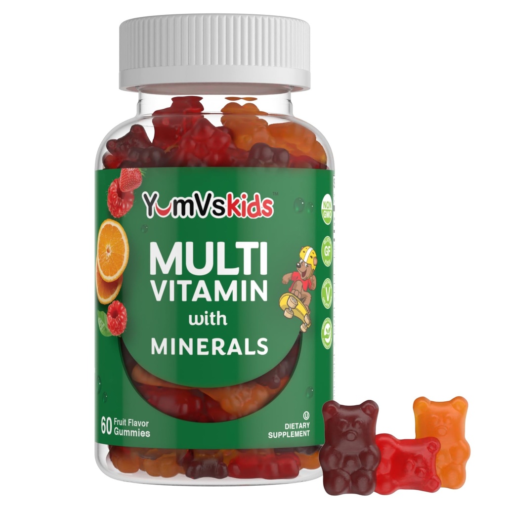 YumV Dzieci Multivitamin Gummies - Owoce aromatyczne do żucia Multivitamin Dzieci Witaminy Multivitamin Gummy z 12 Minerały i witaminy A C D3 E B6 B12 - Kosher Halal Gluten Free (60 Hr)