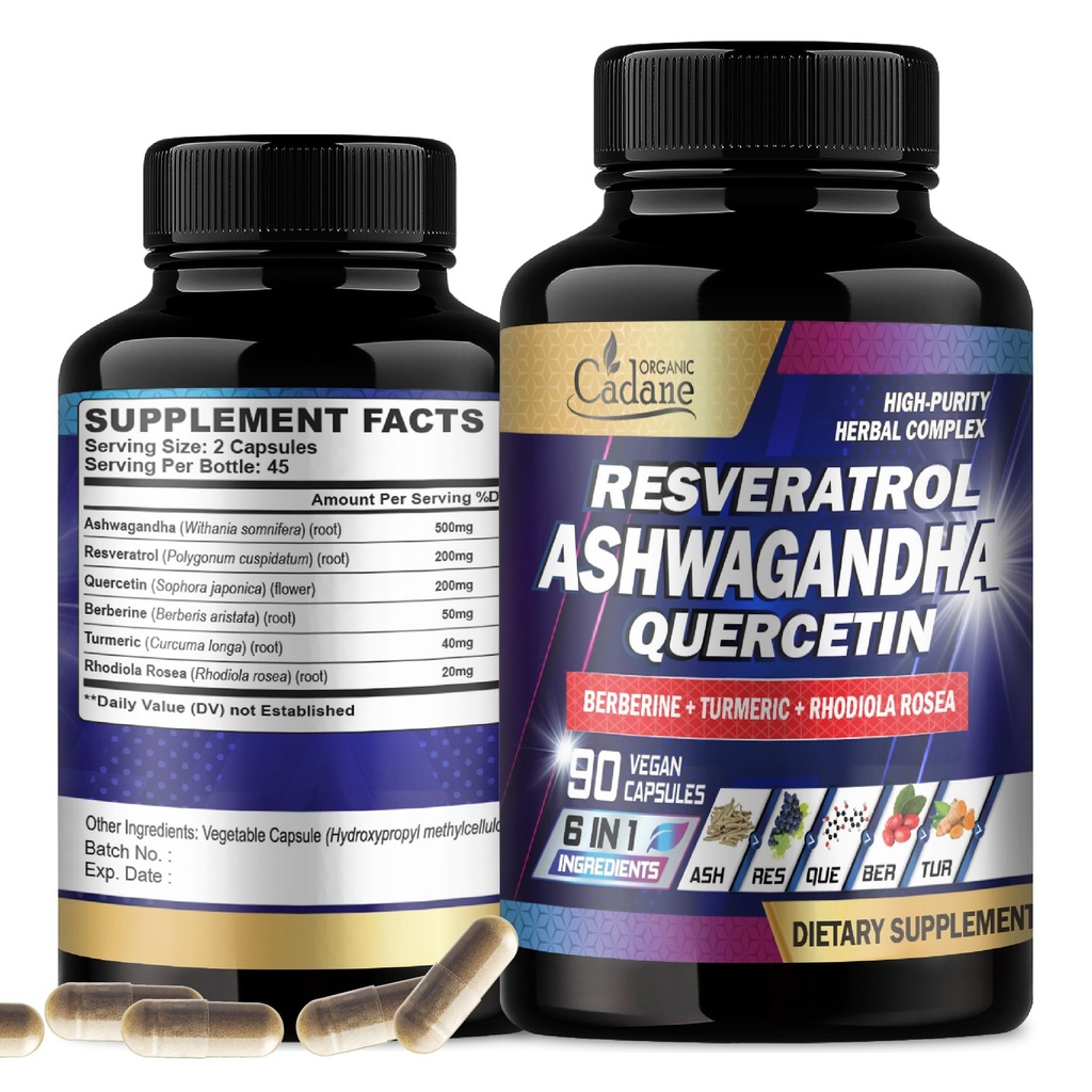 Organic Cadane Ashwagandha Supplements - Support Memory, Immune, Energy Production - 6 Premium Ingredients - Resveratrol, Quercetin, Berberine, Turmeric, Rhodiola Rosea - 90 Extract Capsules
