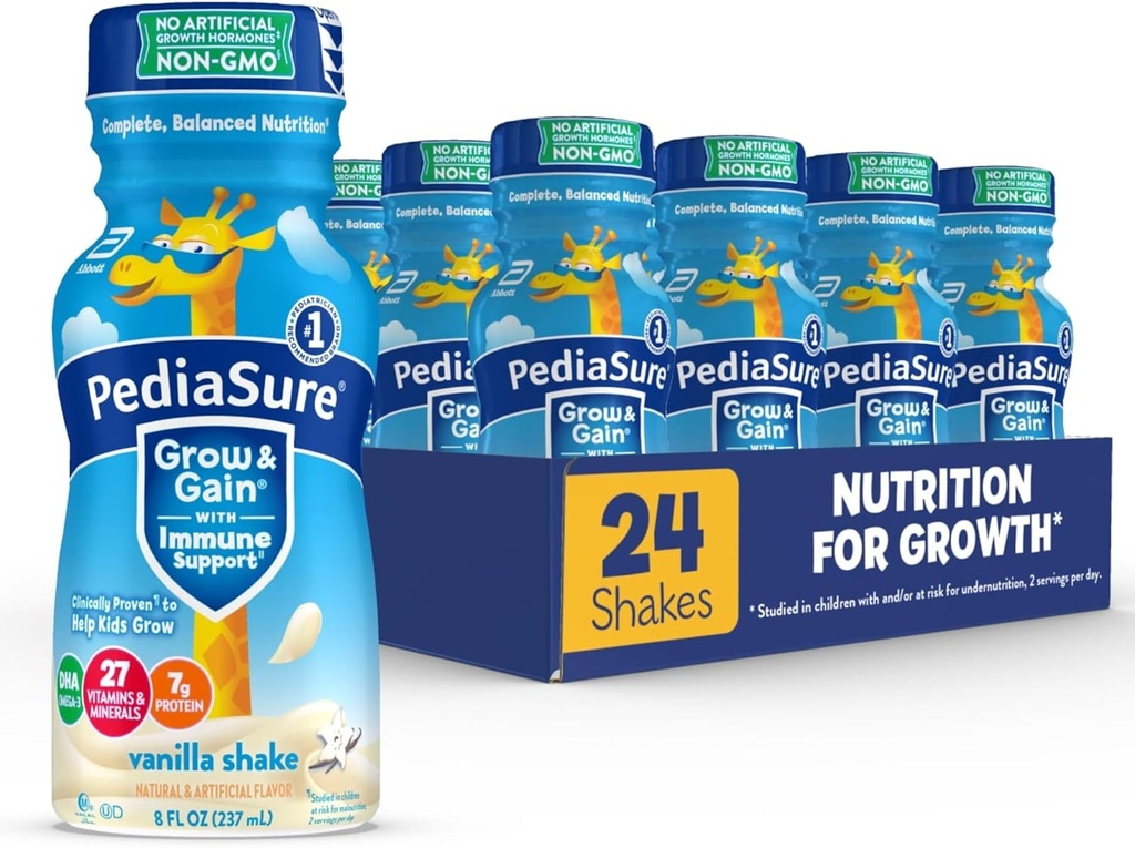 PediaSure Grow & Gain z wsparcia immunologicznego, 27 witamin i minerałów dla dzieci, 7g białka, Non-GMO, Gluten- Free, Vanilla, 8- fl- oz Butelka, Opakowanie po 24