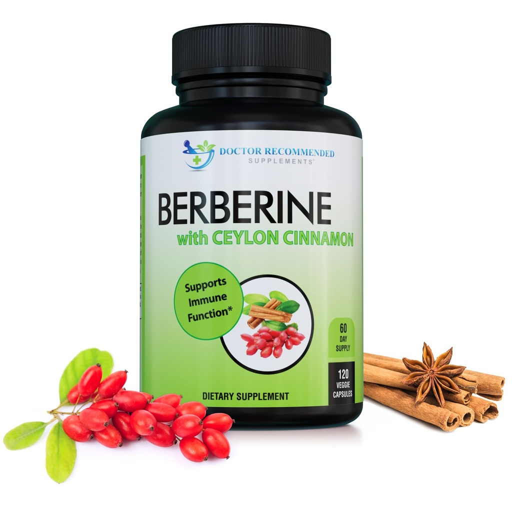 DOKTOR ZALECONY DOKUMENTY Berberine z Ceylon Cynamon - 1200mg Berberine & 100mg Organic Ceylon Cynamon - 120 Kapsułek wegetariańskich, Zdrowy system immunologiczny & Wellness żołądka i jelit