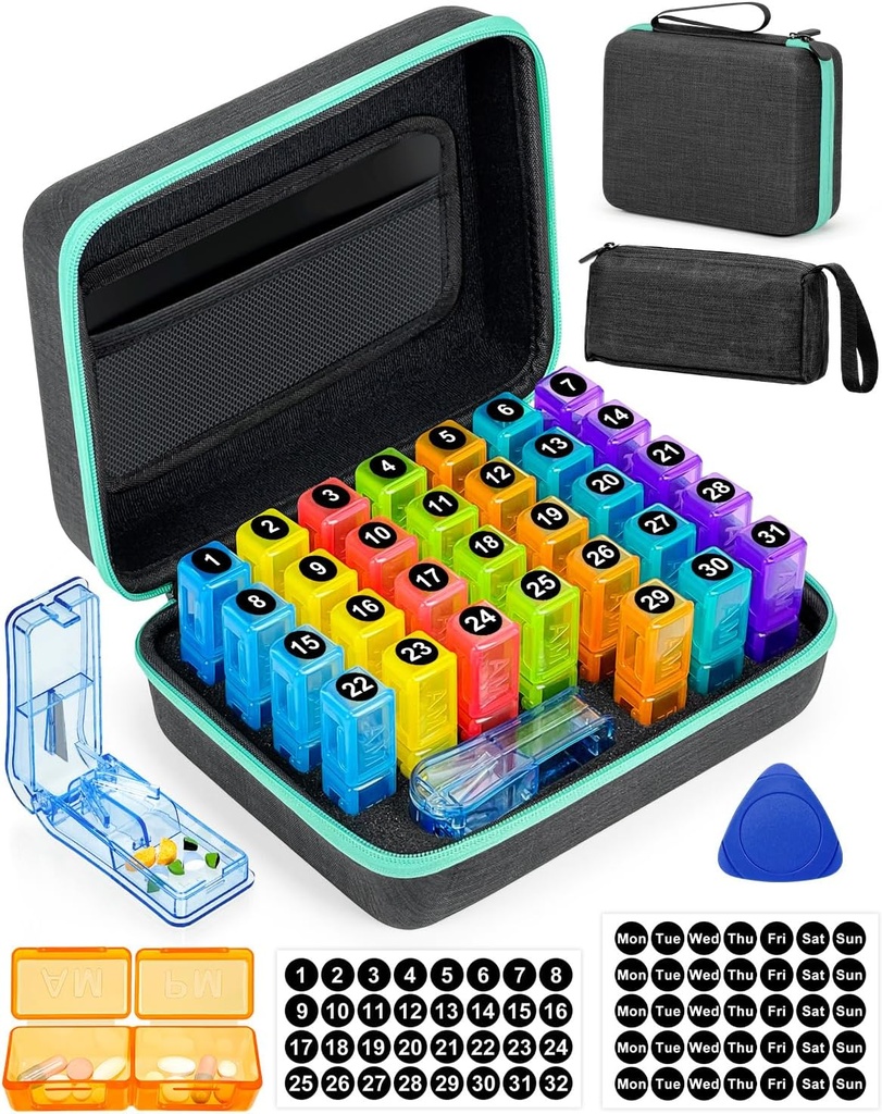 Monthly Pill Organizator 2 razy dziennie, z przenośną twardej skorupy, Pill Cutter, 31- Day Box, Plastic Otwarcie Pick, Miesięczne i Tygodniowe Naklejki, Wygodne zarządzanie lekami (2 razy dziennie)