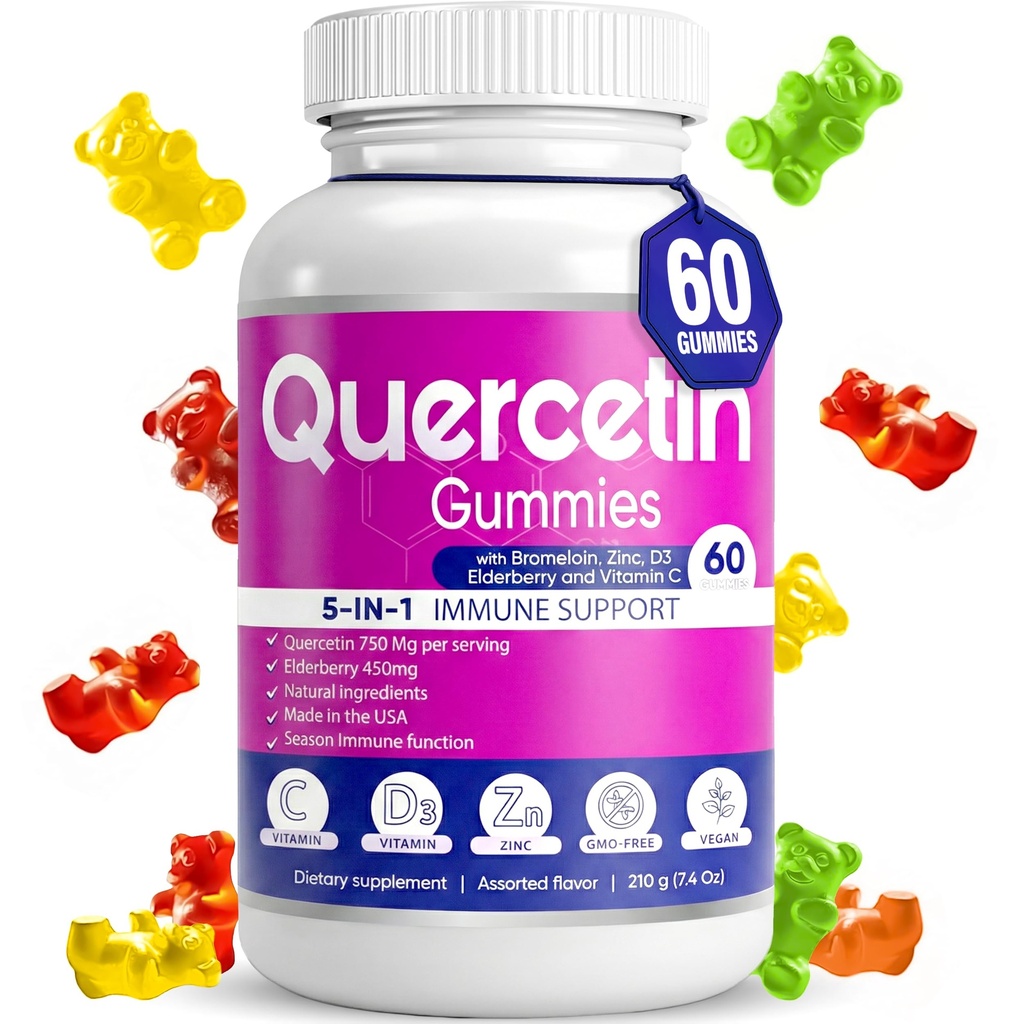 Quercetin Gummies by BioVitalica - Quercetin with Bromelain Witamina C and Cynk & Elderberry + Witamina D3- 5 in 1 Immune Support - Cynk Quercetin 750 mg dla dzieci i dorosłych (1)