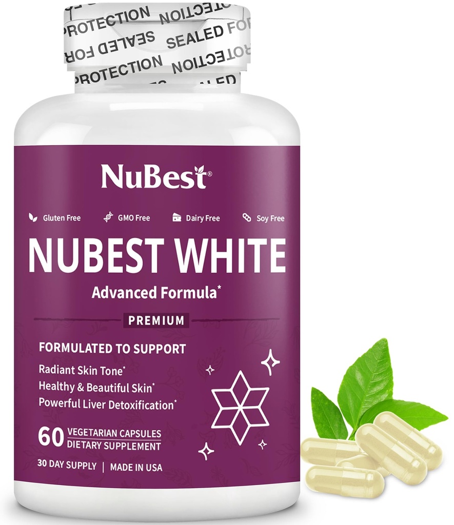 NuBest White - Glutathione 400mg & Milk Thistle Extract - Suplement do rozjaśniania skóry - Pomaga piękna i promienna skóra - Suplement przeciwutleniający i detoksykacji 124; 1 Miesiąc dostaw