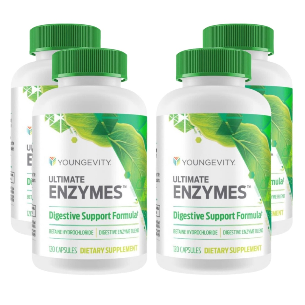 Youngevity Ultimate Enzymes ® - Multi Enzymes for Trawienie, Gas & Bloating Relief - Betaine HCl, Ox Bile, Pancreatine 10X, Papain 6M, Pepsin 1: 3000 (120 kapsułki - 4 opakowania)