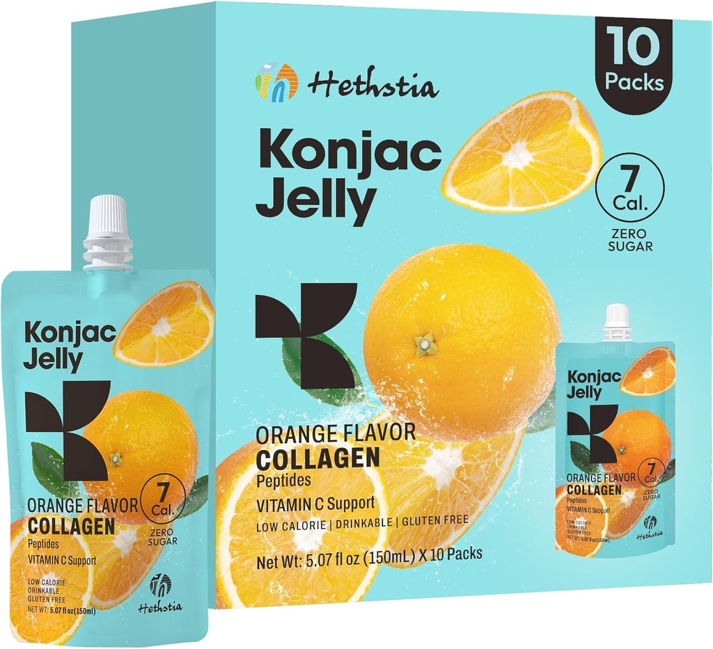 Hethstia Orange Konjac Jelly z Collagen Peptides, 10 Pouches Jelly Jelly przekąski, Low- Calorie Drinkable Jelly z witaminą C, Sugar- Free, Keto, Gluten- Free, On- The- Lekkie przekąski