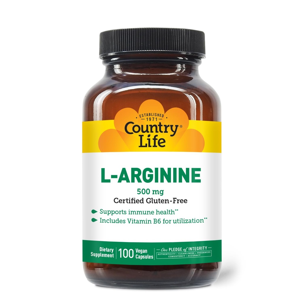 Country Life L-Arginine Caps with Vitamin B-6, 500mg, 100 Vegan Capsules, Certified Gluten Free, Certified Vegan