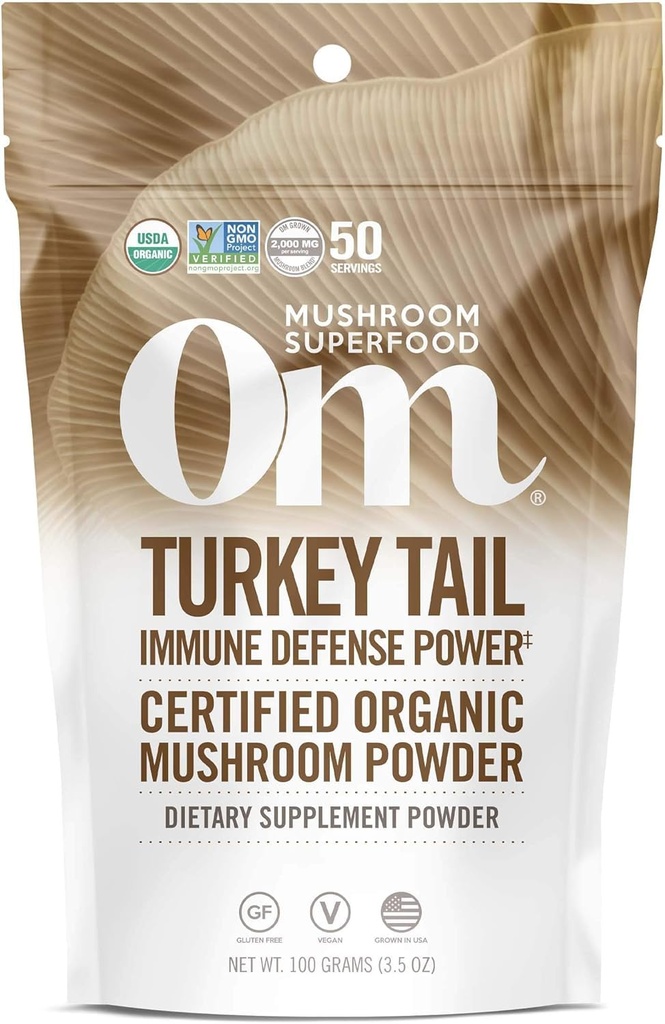 Om Mushroom Superfood Turcja Ogon Organic Mushroom Powder, 3.5 unce, 50 Słupki, Wsparcie immunologiczne, Polisacchrides, Beta- Glukany, Gut Health & Holistic Defense Mushroom Supplement