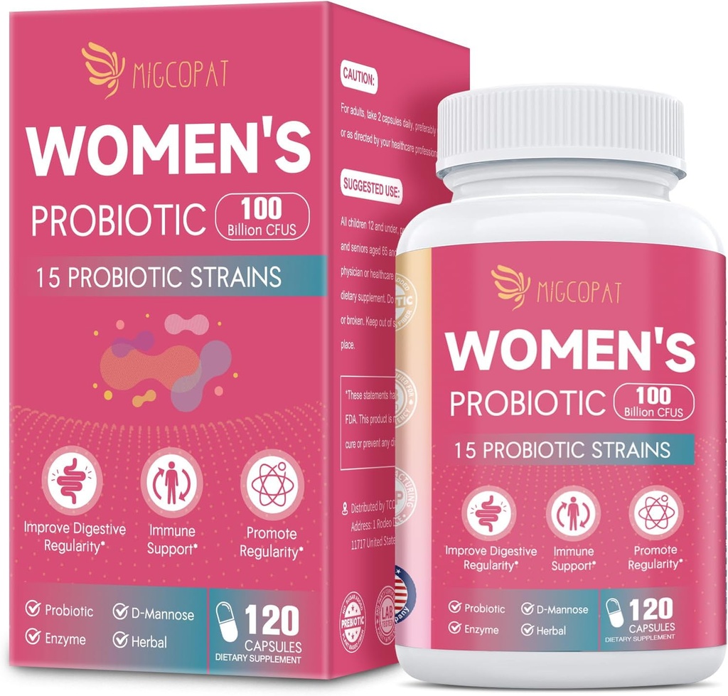Probiotyki dla kobiet, 100 Miliard CFU Womens Probiotyki z prebiotykami, Enzymy trawienne, D- Mannose & Cranberry Extract dla wsparcia immunologicznego, Zdrowie pochwy i moczu, Równowaga trawienna - 120 Kapsułki