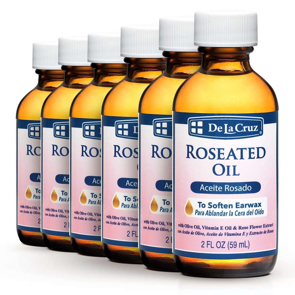 De La Cruz Roseated Oil - Natural Ear Wax Softener Blend with Rose Flower Extract - Ear Wax Aid - Made in The USA - 2 Fl Oz (6 Bottles)