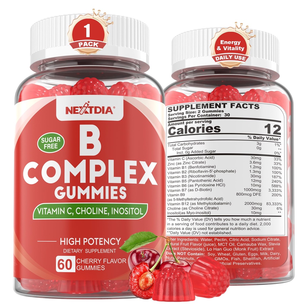 Witamina B Gummie złożone, Witamina Wegańska Gummie z 2000 mcg metyl B12, Metylowy folian 124; Plus Cholina + Inozytol, Witamina C + Cynk do wspierania energii, Nastrój, immunologiczne, Zdrowe włosy, Skóra - 60 Cts