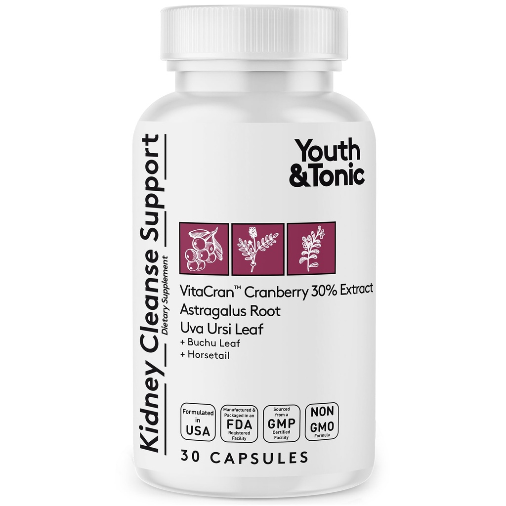 Youth & Tonic Nerki Cleanse & Detox Suplement z ekstraktu żurawinowego - Wspiera Trakt moczowy zdrowia, pęcherza i nerek zdrowia - Wegan, Non-GMO - 30 Tabletki wegetariańskie