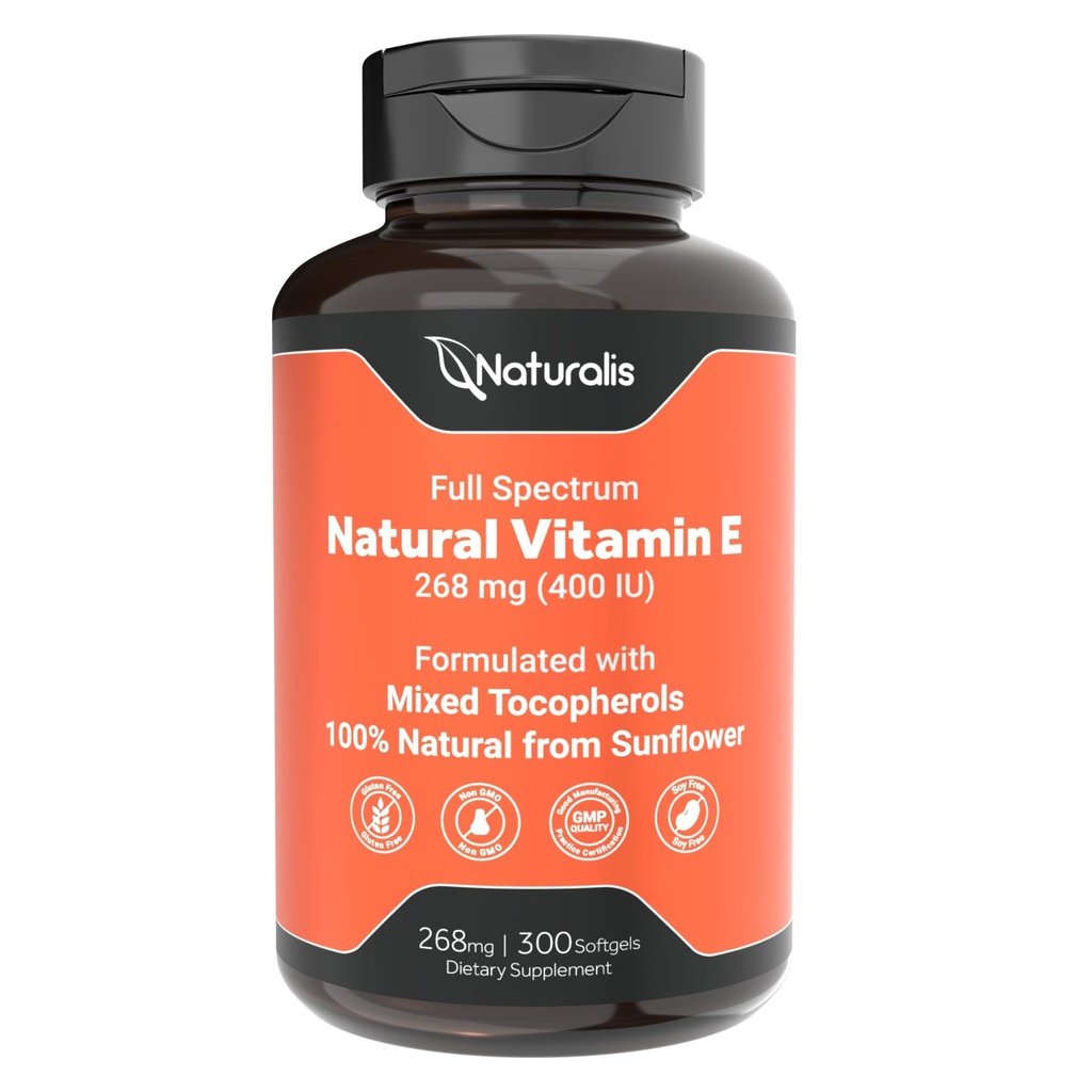 Naturalis Sunflower Witamina E 268mg (400 j. m.) z mieszanymi tokoferolami 124; Witamina i immunologiczne wsparcie skóry 124; Nie-GMO, Soy & Gluten Bezpłatne 124; 300 Softgels